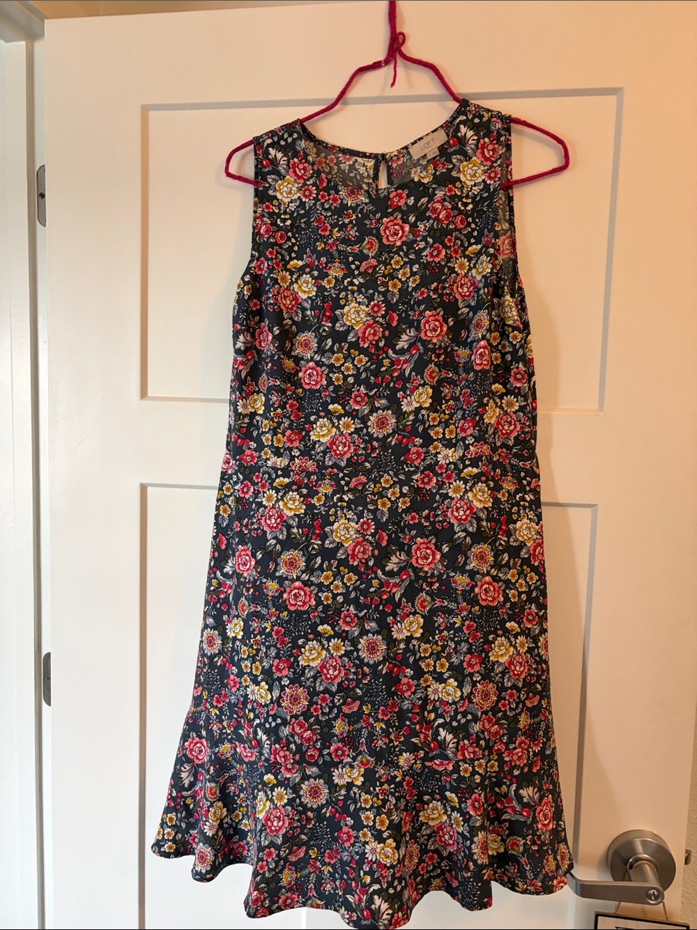 LOFT Navy Midi Dress with Pink & Yellow Floral Print